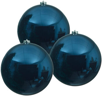 Decoris Kerstbal - 3x - donkerblauw - groot - kunststof - 14 cm - glans