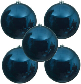 Decoris Kerstbal - 5x - donkerblauw - groot - 14 cm - kunststof - glans