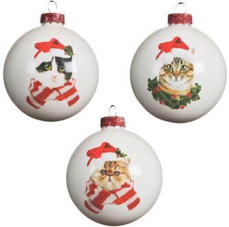 Decoris Kerstbal glas kat hoed d8 cm wit a3