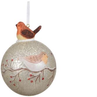 Decoris Kerstbal met vogel glas Ø8cm wit