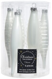 Decoris kerstbal pegels - 6x - wit - D15 cm - glas - kersthangers - ijspegels