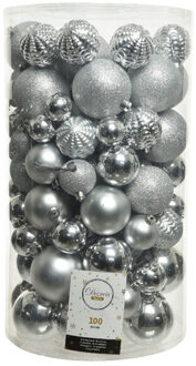 Decoris Kerstballen - 100x stuks - zilver - 4-5-6-7-8 cm - kunststof - grote kerstballenset