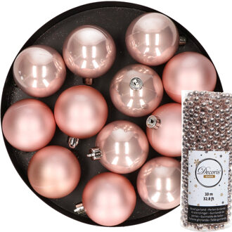 Decoris Kerstballen 12x 6 cm incl. kralenslinger 10 m lichtroze kunststof