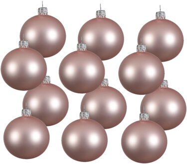 Decoris kerstballen - 12x - lichtroze - 8 cm - glas - mat - velvet - kerstversiering