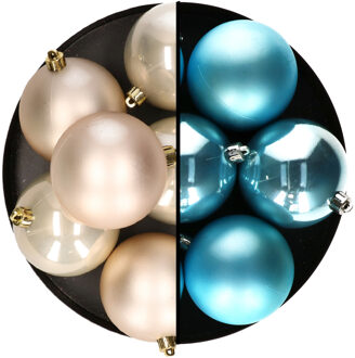 Decoris kerstballen - 12x st - 8 cm - champagne en blauw - kunststof - Kerstbal