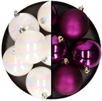 Decoris kerstballen - 12x st - 8 cm - parelmoer en paars - kunststof - Kerstbal