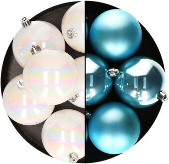 Decoris Kerstballen - 12x st - 8 cm - parelmoer wit en blauw - kunststof