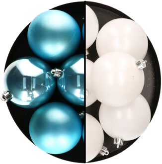 Decoris Kerstballen - 12x st - 8 cm - wit en blauw - kunststof