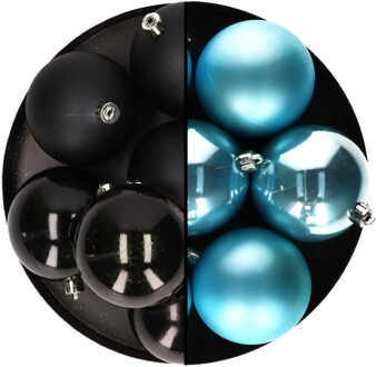 Decoris Kerstballen - 12x st - 8 cm - zwart en blauw - kunststof