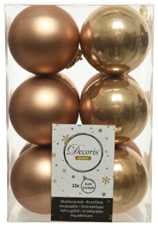 Decoris Kerstballen - 12x st - camel bruin - D6 cm - kunststof - mat/glans - kerstversiering