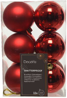 Decoris kerstballen - 12x st - rood - 6 cm - kunststof - mat/glans - kerstversiering