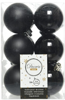 Decoris kerstballen - 12x st - zwart - 6 cm - kunststof - mat/glans - kerstversiering