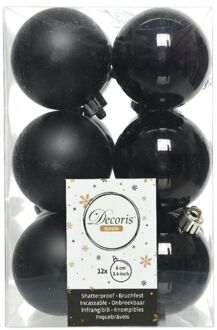 Decoris kerstballen - 12x st - zwart - D6 cm - kunststof - Kerstbal