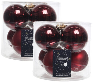 Decoris Kerstballen - 12x stuks - donkerrood - glas - 8 cm - kerstboomversiering - kerstversiering