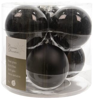 Decoris Kerstballen - 12x stuks - zwart - D8 cm - glas - glans en mat - kerstversiering