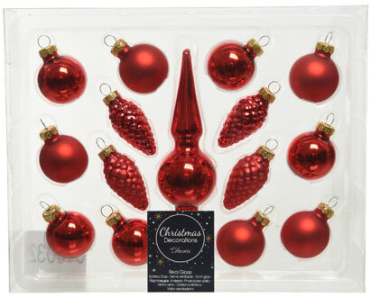 Decoris Kerstballen - 15 delig - rood - inclusief piek - 3 cm - Kerstbal