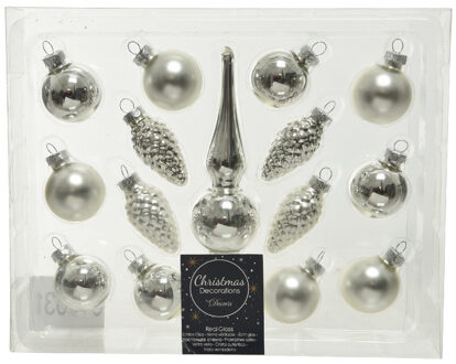 Decoris Kerstballen - 15 delig - zilver - inclusief piek - 3 cm - Kerstbal Zilverkleurig