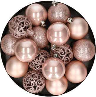 Decoris Kerstballen - 16x st - lichtroze - 6 cm - kunststof - kerstversiering - Kerstbal