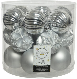 Decoris Kerstballen - 20x stuks - kunststof - mix zilver - 8 cm - Kerstbal Zilverkleurig