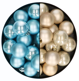 Decoris Kerstballen 24x stuks - mix champagne en ijsblauw - 6 cm - kunststof