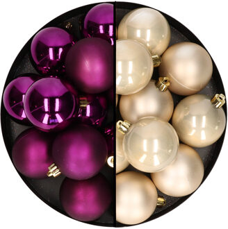 Decoris Kerstballen 24x stuks - mix champagne en paars - 6 cm - kunststof - Kerstbal Champagnekleurig