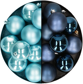 Decoris Kerstballen 24x stuks - mix donkerblauw en ijsblauw - 6 cm - kunststof - Kerstbal