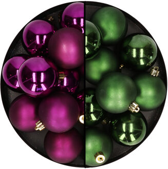 Decoris Kerstballen 24x stuks - mix donkergroen en paars - 6 cm - kunststof - Kerstbal