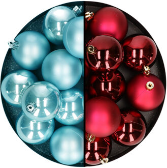 Decoris Kerstballen 24x stuks - mix donkerrood en ijsblauw - 6 cm - kunststof - Kerstbal