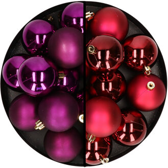 Decoris Kerstballen 24x stuks - mix donkerrood en paars - 6 cm - kunststof - Kerstbal