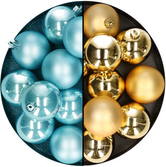 Decoris Kerstballen 24x stuks - mix goud en ijsblauw - 6 cm - kunststof - Kerstbal Goudkleurig