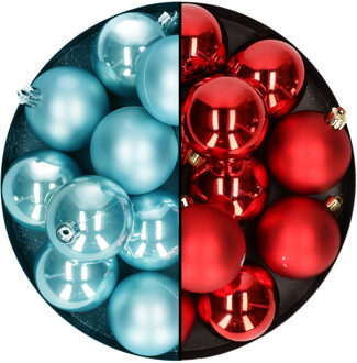 Decoris Kerstballen 24x stuks - mix kerst rood en ijsblauw - 6 cm - kunststof - Kerstbal