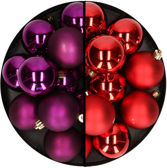 Decoris Kerstballen 24x stuks - mix kerst rood en paars - 6 cm - kunststof - Kerstbal