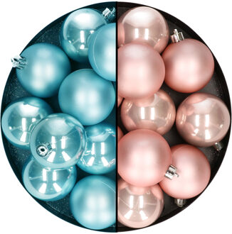 Decoris Kerstballen 24x stuks - mix lichtroze en ijsblauw - 6 cm - kunststof - Kerstbal