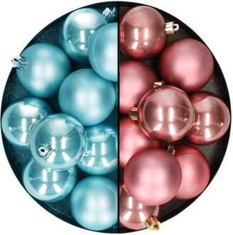 Decoris Kerstballen 24x stuks - mix oudroze en ijsblauw - 6 cm - kunststof - Kerstbal