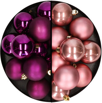 Decoris Kerstballen 24x stuks - mix oudroze en paars - 6 cm - kunststof - Kerstbal