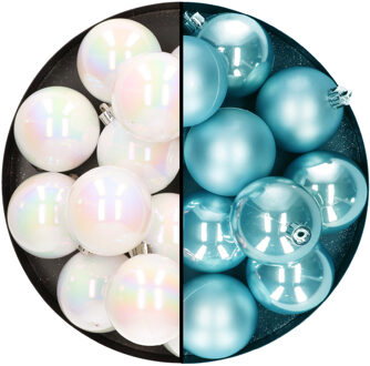 Decoris Kerstballen 24x stuks - mix parelmoer wit en ijsblauw - 6 cm - kunststof - Kerstbal