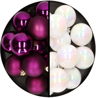 Decoris Kerstballen 24x stuks - mix parelmoer wit en paars - 6 cm - kunststof - Kerstbal