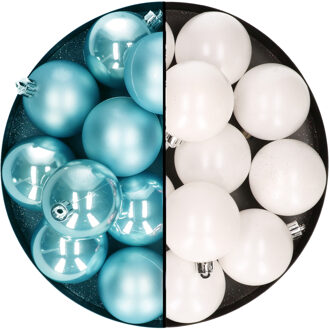 Decoris Kerstballen 24x stuks - mix winter wit en ijsblauw - 6 cm - kunststof - Kerstbal