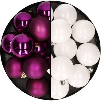 Decoris Kerstballen 24x stuks - mix winter wit en paars - 6 cm - kunststof - Kerstbal