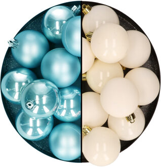 Decoris Kerstballen 24x stuks - mix wol wit en ijsblauw - 6 cm - kunststof - Kerstbal Crème