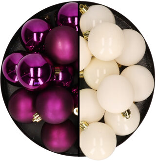 Decoris Kerstballen 24x stuks - mix wol wit en paars - 6 cm - kunststof - Kerstbal Crème