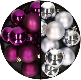 Decoris Kerstballen 24x stuks - mix zilver en paars - 6 cm - kunststof - Kerstbal Zilverkleurig