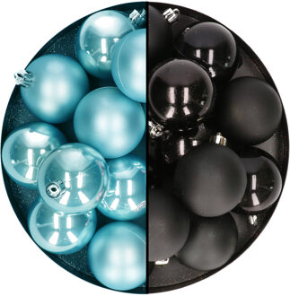 Decoris Kerstballen 24x stuks - mix zwart en ijsblauw - 6 cm - kunststof - Kerstbal