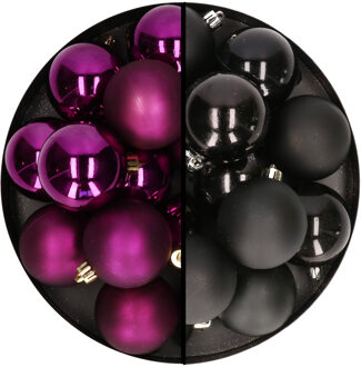 Decoris Kerstballen 24x stuks - mix zwart en paars - 6 cm - kunststof - Kerstbal