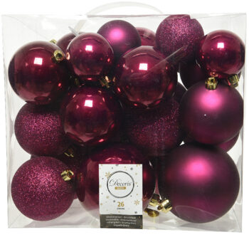 Decoris Kerstballen - 26x st - bessen roze - 6-8-10 cm - kunststof - Kerstbal