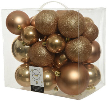 Decoris Kerstballen - 26x st - camel bruin - 6-8-10 cm - kunststof - kerstversiering