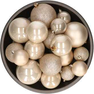 Decoris kerstballen - 26x st - champagne - kunststof - mix 6, 8 en 10 cm - Kerstbal Champagnekleurig