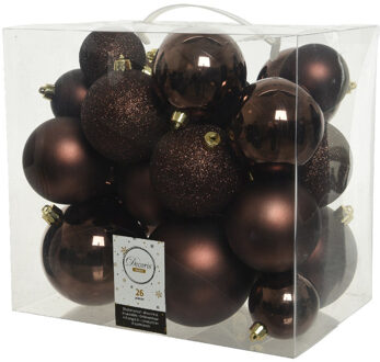 Decoris Kerstballen - 26x st - donkerbruin - 6-8-10 cm - kunststof - Kerstbal