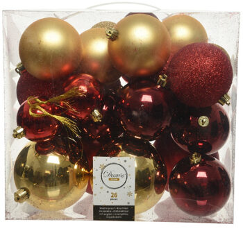 Decoris Kerstballen - 26x st - goud/rood - 6-8-10 cm - kunststof - Kerstbal Multikleur