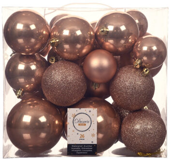 Decoris Kerstballen - 26x st - kunststof - toffee bruin - 6-8-10 cm - Kerstbal